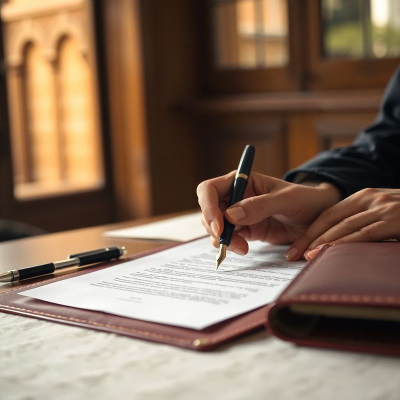 Mâini revizuind un document juridic cu stilou cu peniță, pe o suprafață de in crem